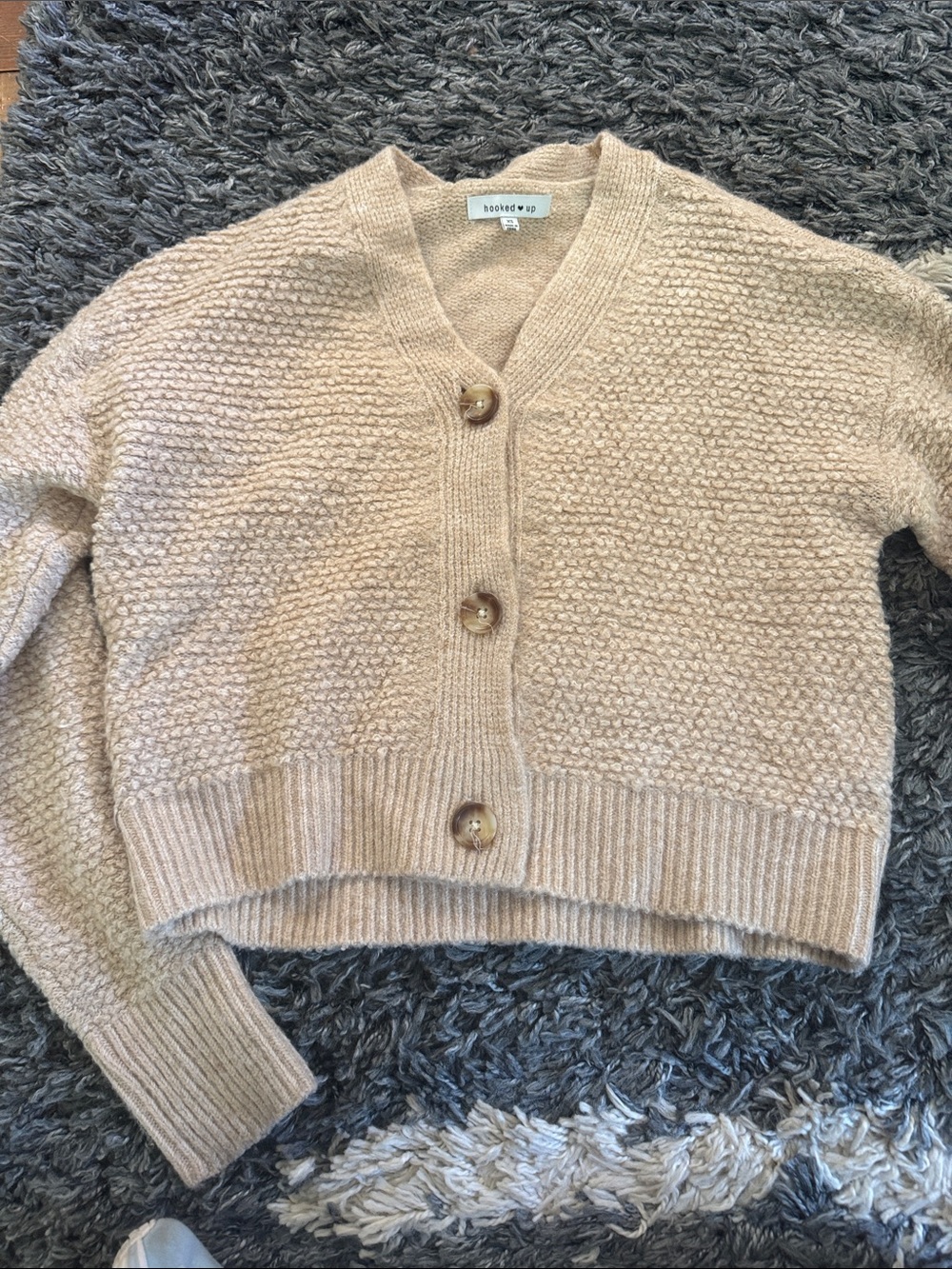 Hooked Up by IOT Beige Textured V‑Neck Button Cardigan Sweater